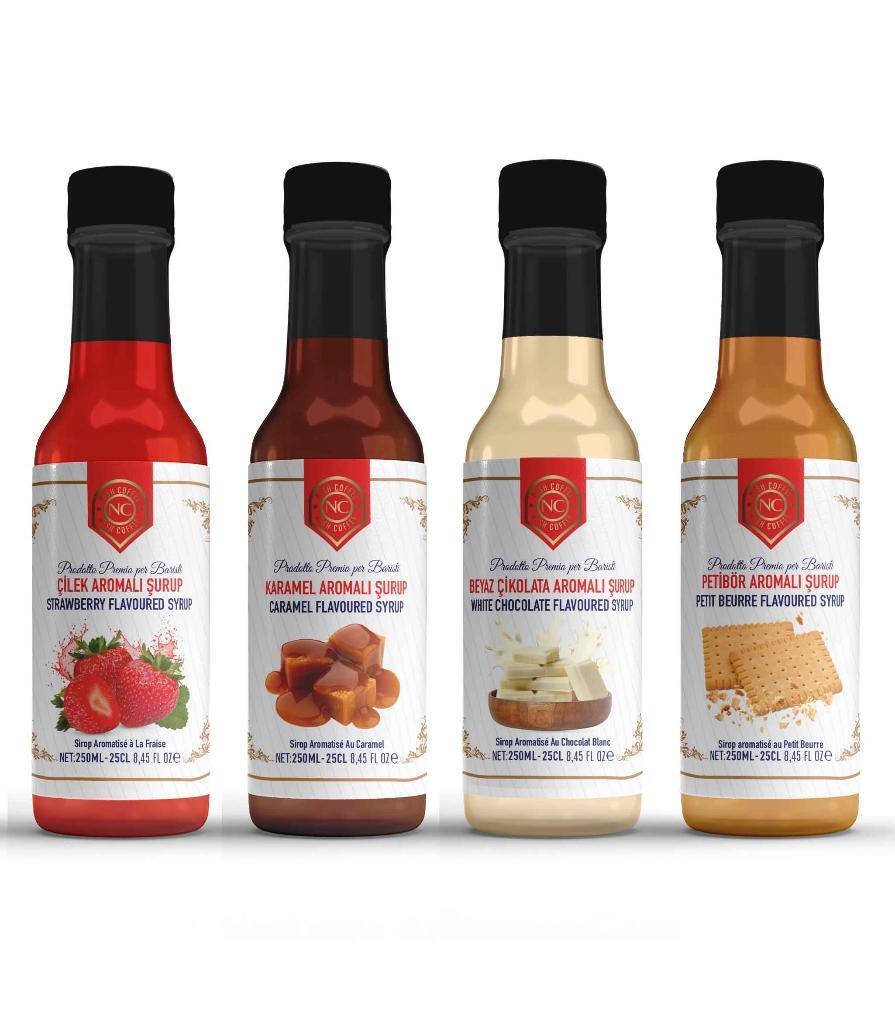 Nish Çilek, Karamel, Beyaz Çikolata, Petibör Aromalı Şurup 4x250 ML - Cam Şişe