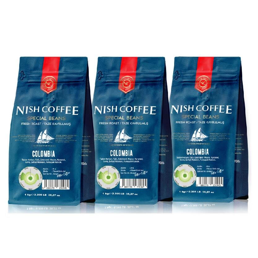 Nish Filtre Kahve Kolombiya 3 x 1000 gr - Tatlı, Çekirdekli Meyve, Karamel , Ceviz , Şeftali Notaları , Yumuşak Kızılcık