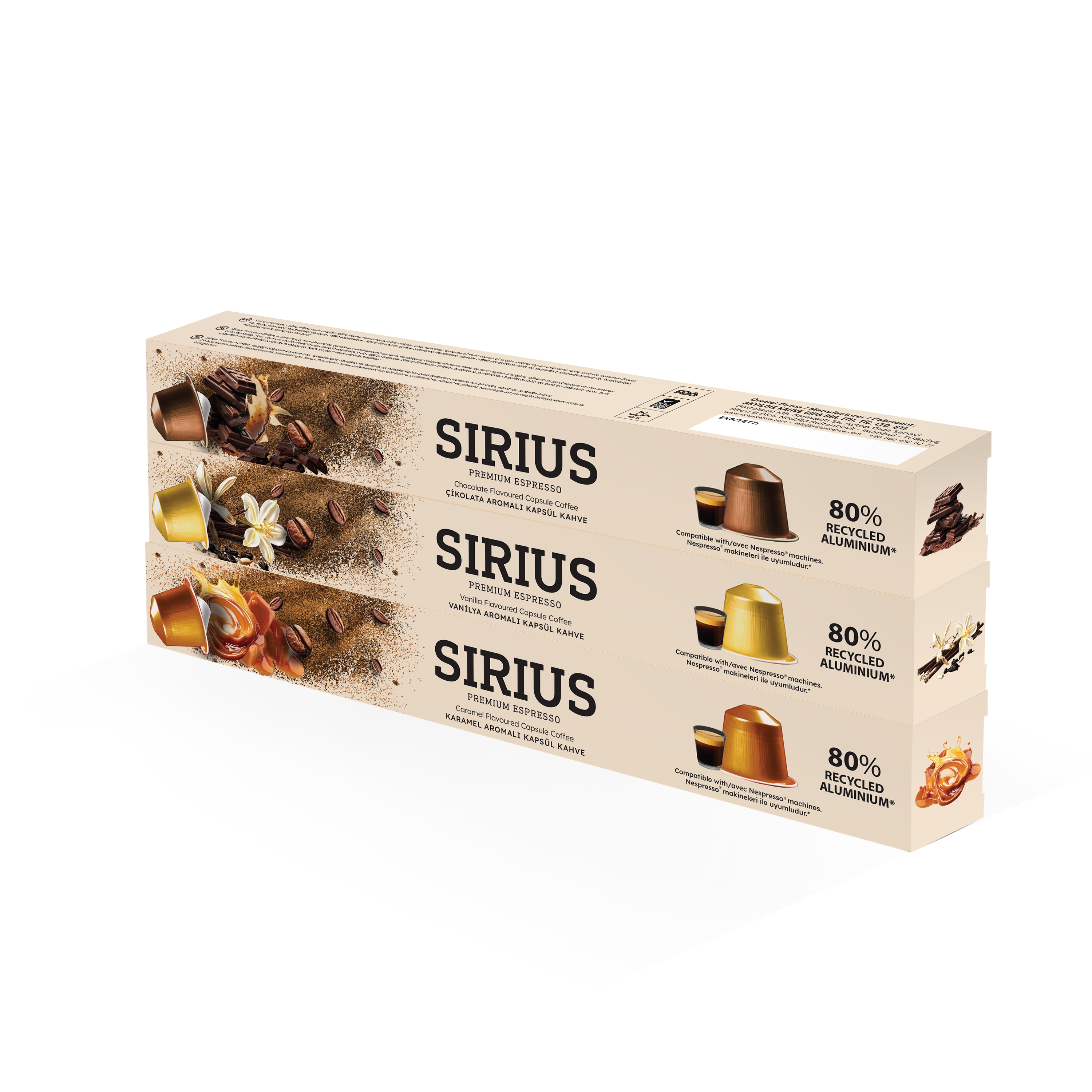 Sirius Premium Aromalı Kapsül Kahve 3'lü Set (Karamel-Vanilya-Çikolata)