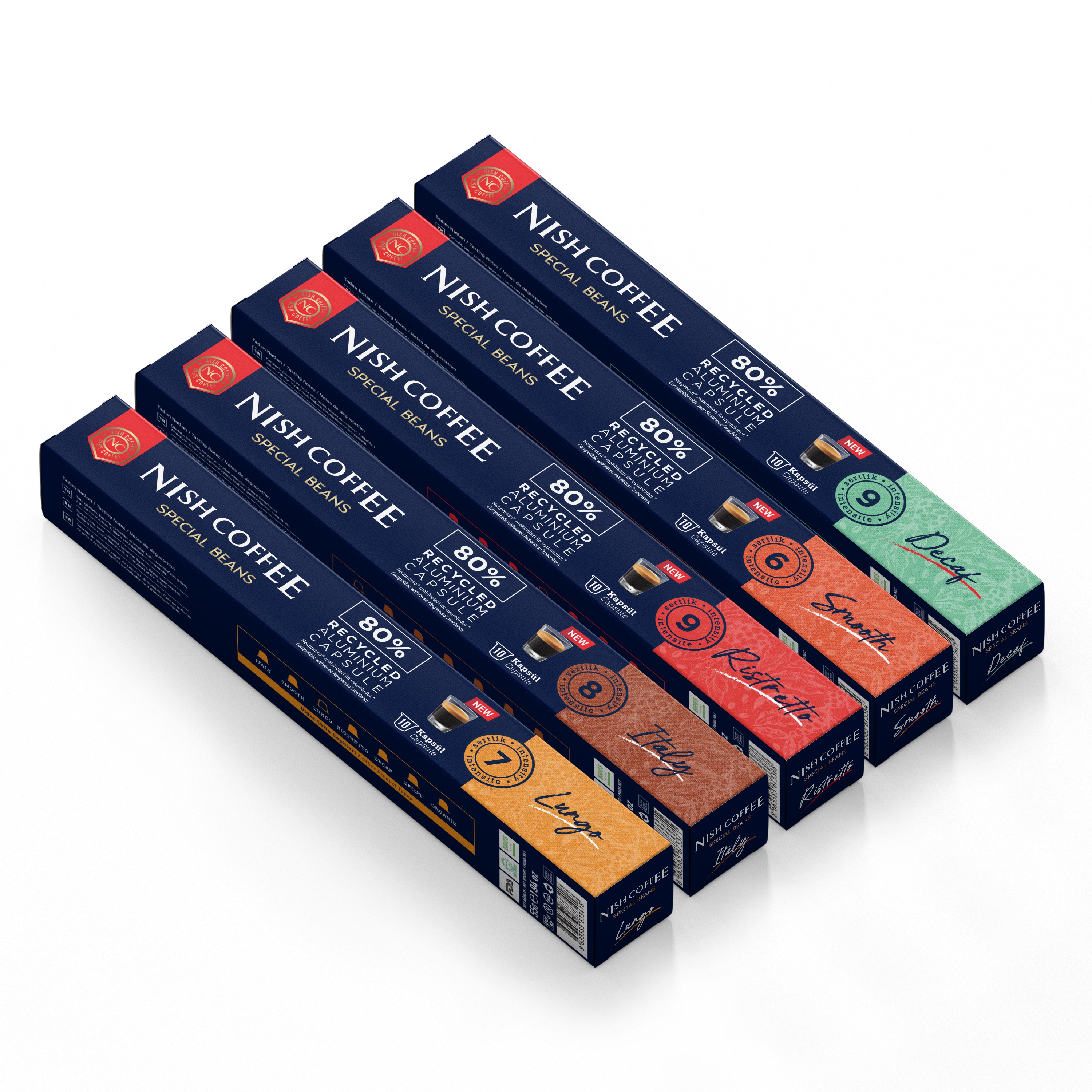 Nish Coffee Nespresso Uyumlu Kapsül Kahve 5'li Set (Lungo,Italy,Risteretto,Smooth,Decaf)-50 Adet