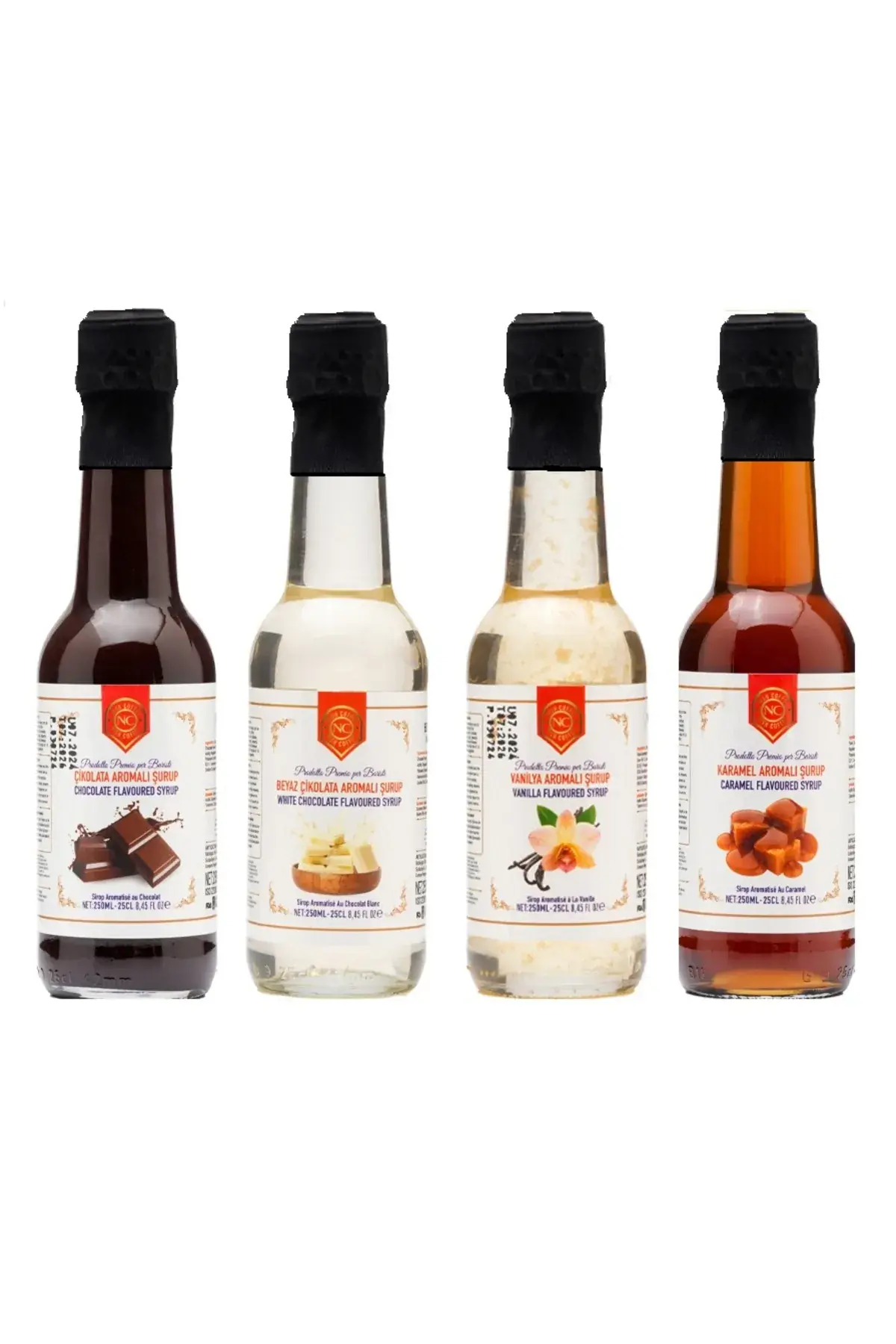 Nish Vanilya, Karamel, Beyaz Çikolata, Çikolata Aromalı Şurup 4x250 ML - Cam Şişe