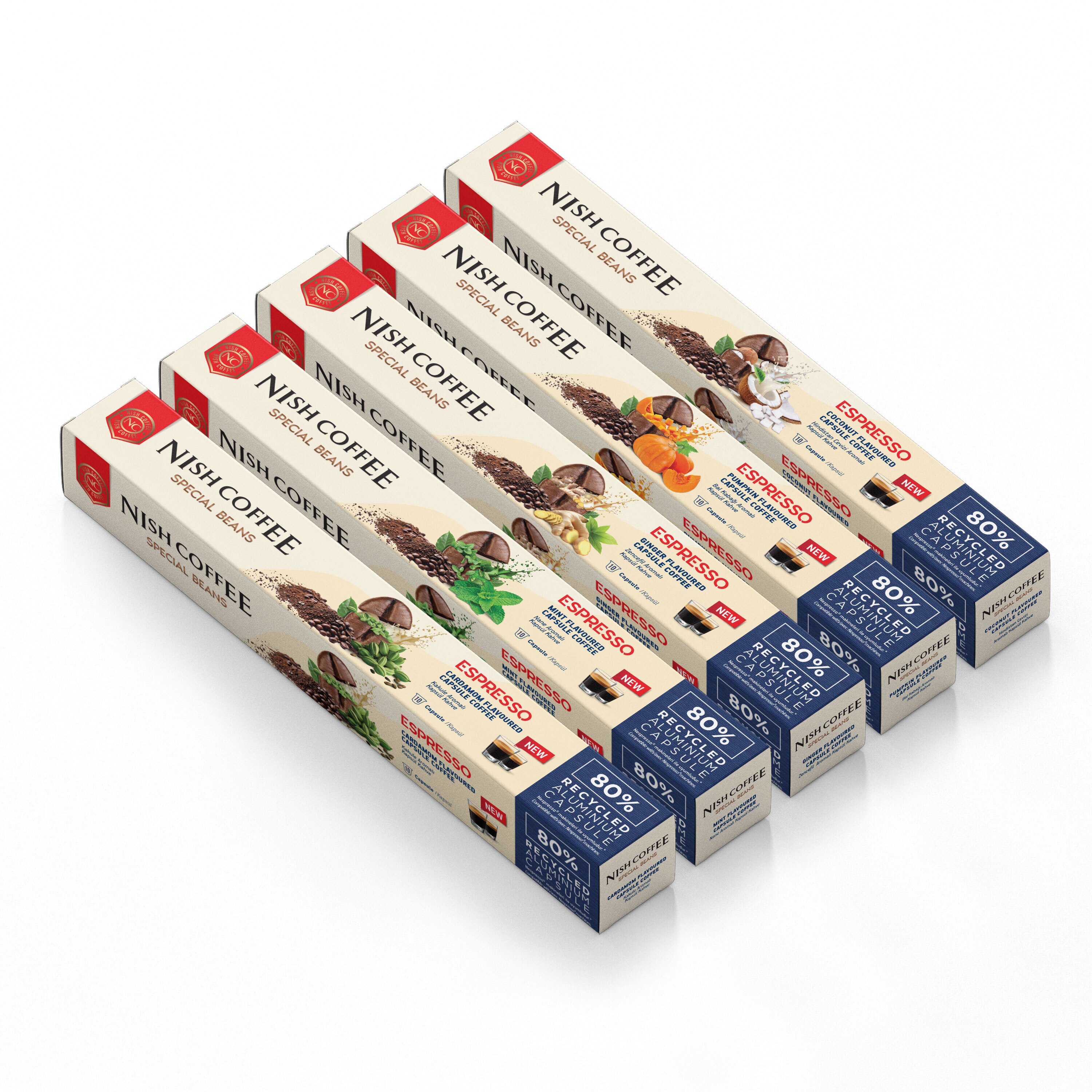 Nish Coffee Aromalı Kapsül Kahve 5'li Set (Kakule-Nane-Zencefil-Bal Kabağı-Hindistan Cevizi) - 50 Adet