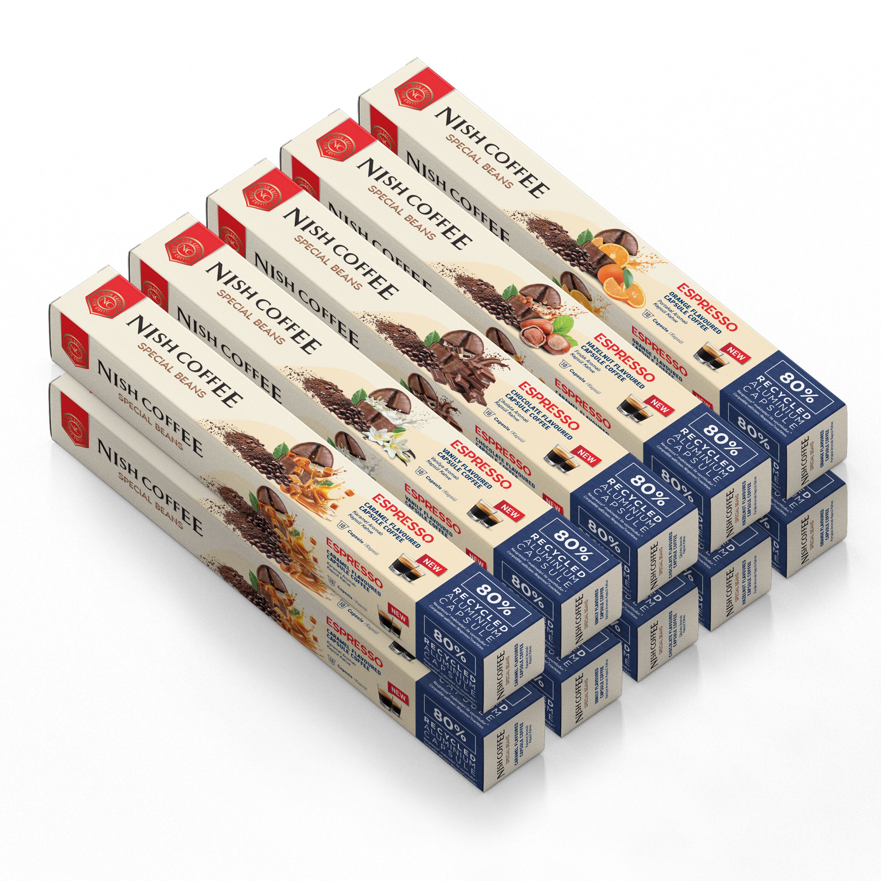 Nish Coffee Aromalı Kapsül Kahve 10'lu Set (2xKaramel-2xVanilya-2xÇikolata-2xFındık-2xPortakal)  - 100 Adet