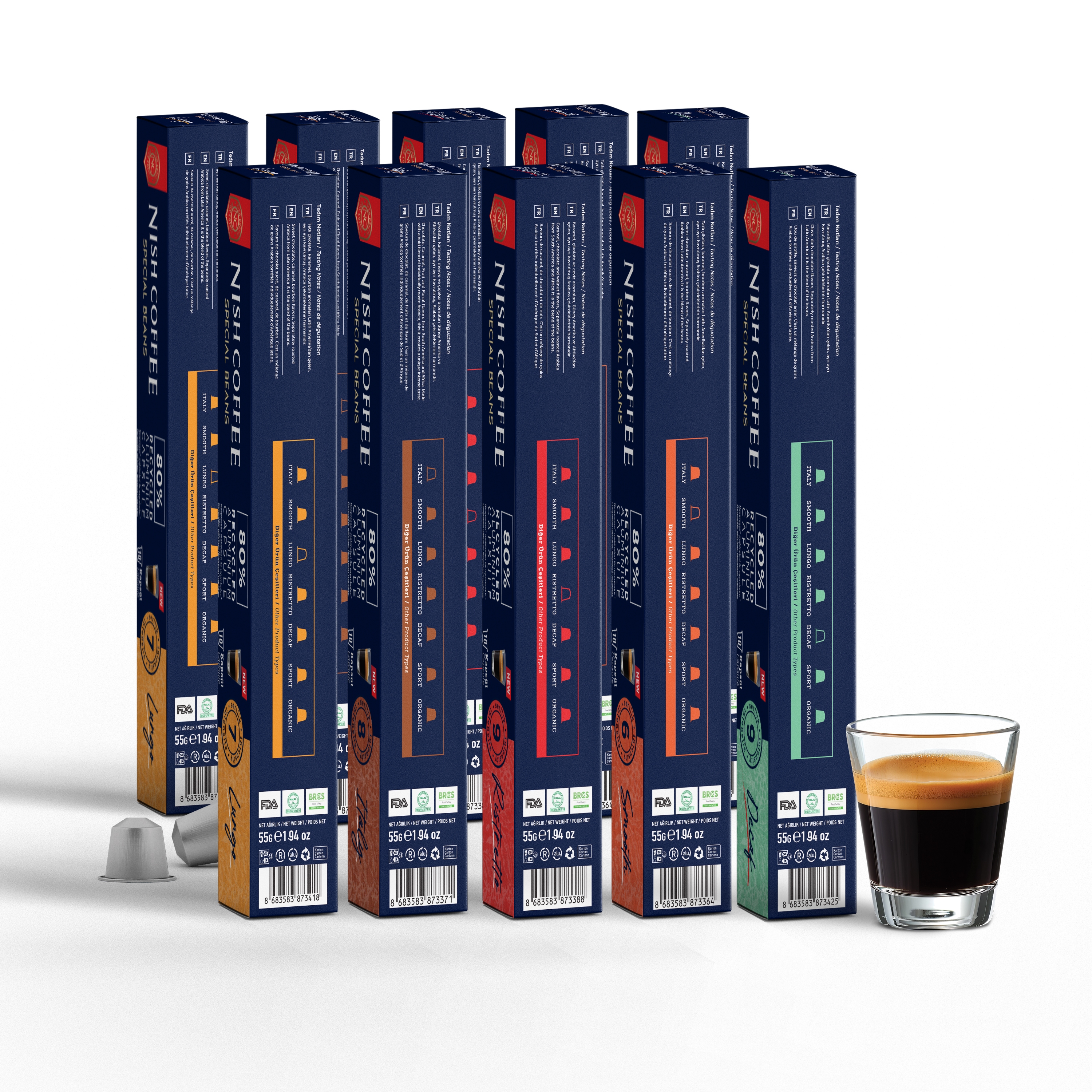 Nish Coffee Kapsül Kahve 10'lu Set (2xLungo,2xItaly,2xRisteretto,2xSmooth,2xDecaf)-100 Adet